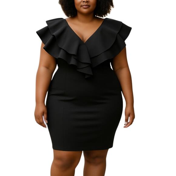 Daylight Black Tiered Ruffle Short Sleeve Deep V-Neck Mini Sheath Dress Size 2X - Picture 1 of 6